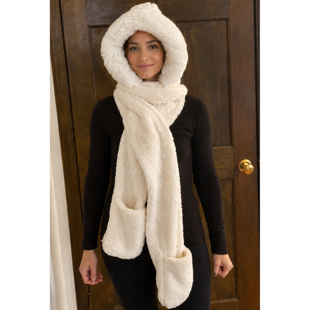 Cream Faux Shearling Hooded Scarf with Faux Fur Trim and Mitten Pockets 3-in-1